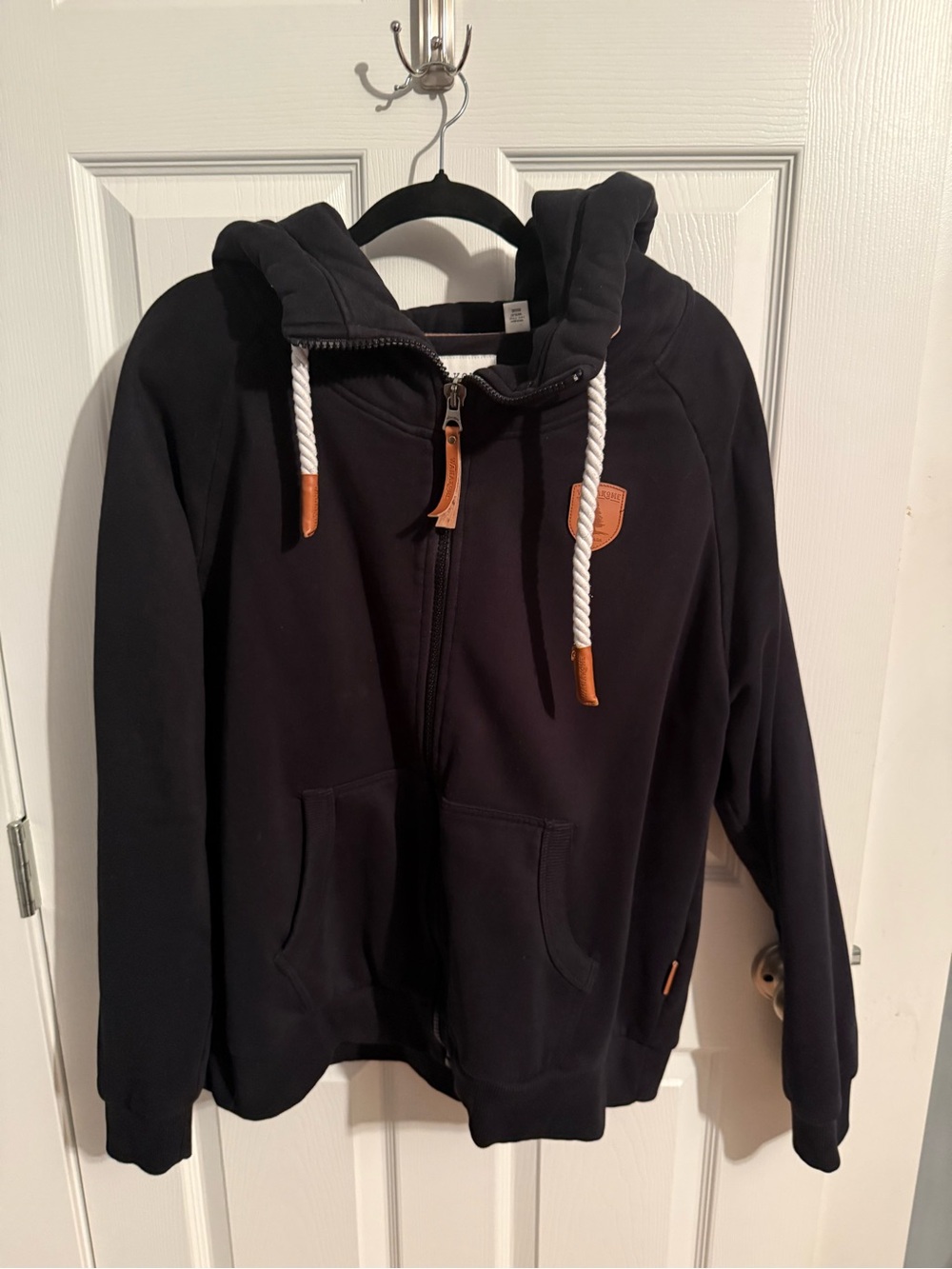 Wanakome Black Zip-Up Hooded Jacket with White Rope Drawcords